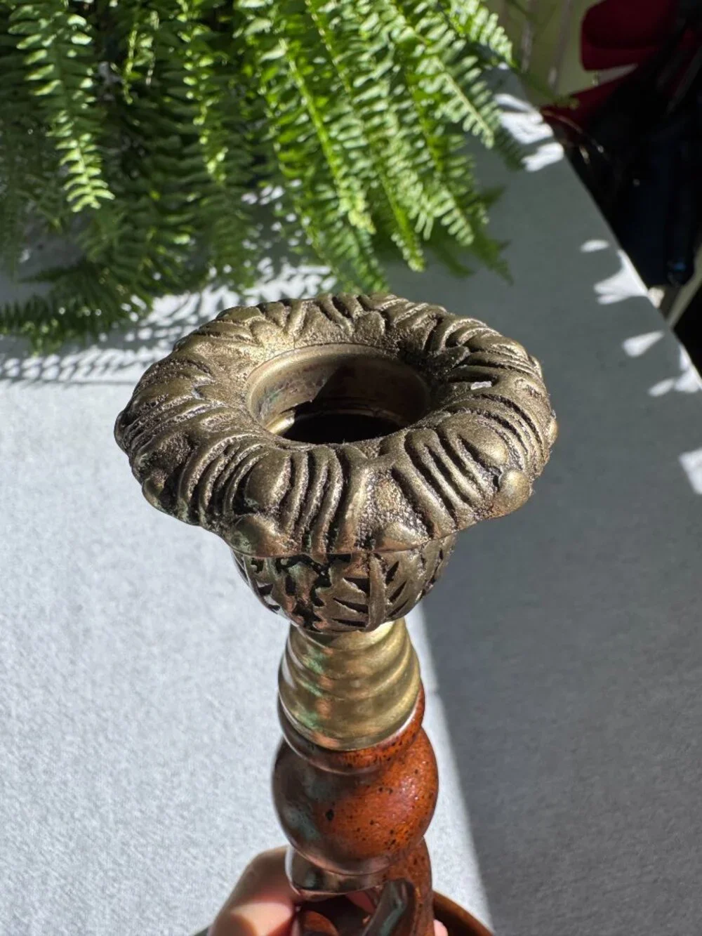 Vintage 15 Inch Wooden Open Barley Twist Candlestick Holder with Brass Sconce
